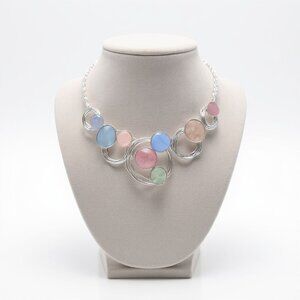 Silver tone choker necklace with multicoloured Pastel enamel disks 9" Adjustable